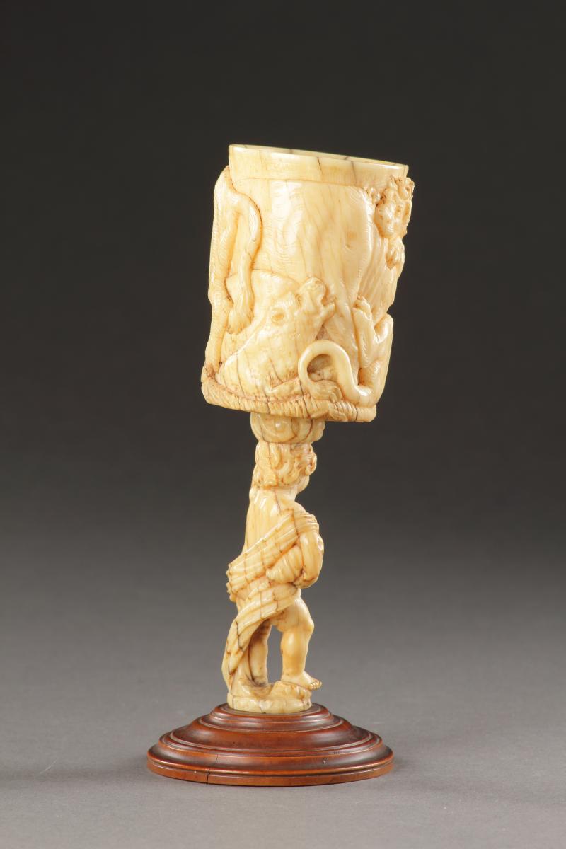 Finely Carved Goblet and Support Raised Upon a Turned Pear-Wood Base