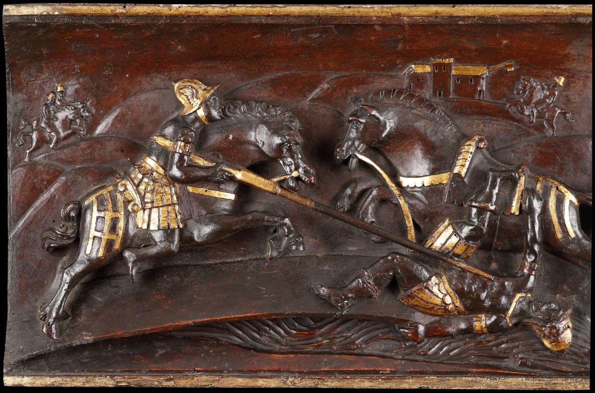 Four Tuscan Carved Wood and Parcel Gilt Equestrian Reliefs