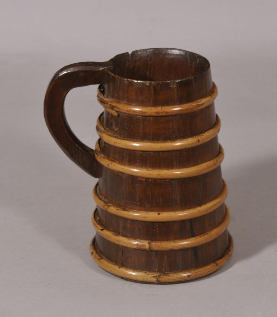 S/5787 Antique Treen 19th Century Scottish Cedar Wood Ale Flagon with Willow Bands
