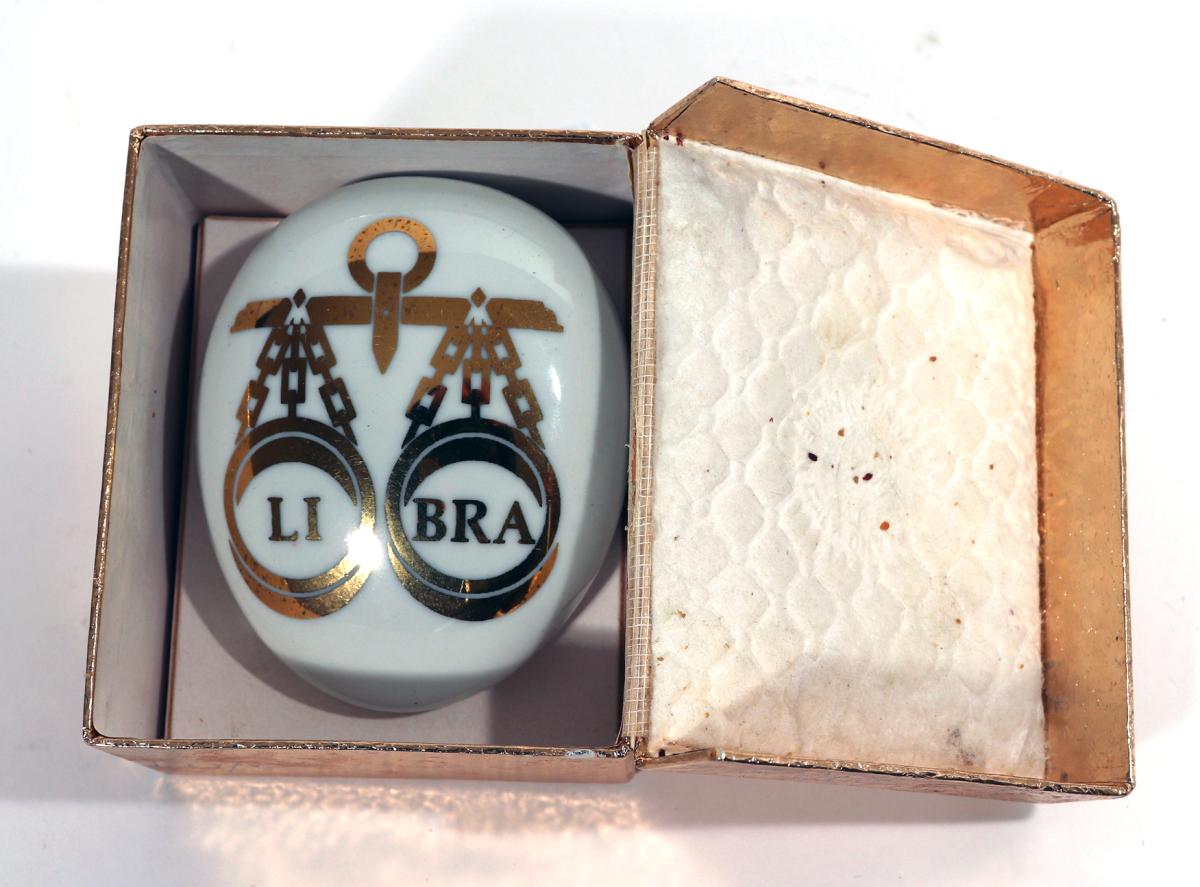 Piero Fornasetti Ceramic  Zodiac "Libra" Pebble Paperweight, Original Gold Box, 1960s