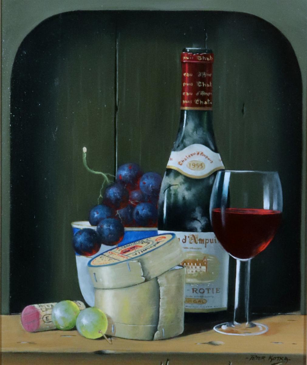 Peter A. Kotka Stiil Life with Wine & Cheese, Oil on Linen Panel, Signed lower right. 1995.