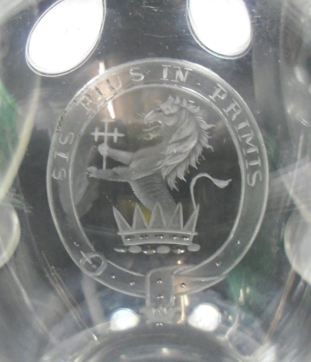 pint size crystal glass wine carafes engraved with the Barlow crest and motto, English c.1880