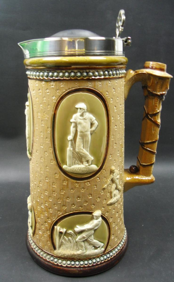 Doulton Cricket jug, modeled by John Broad and dated and hallmarked 1882