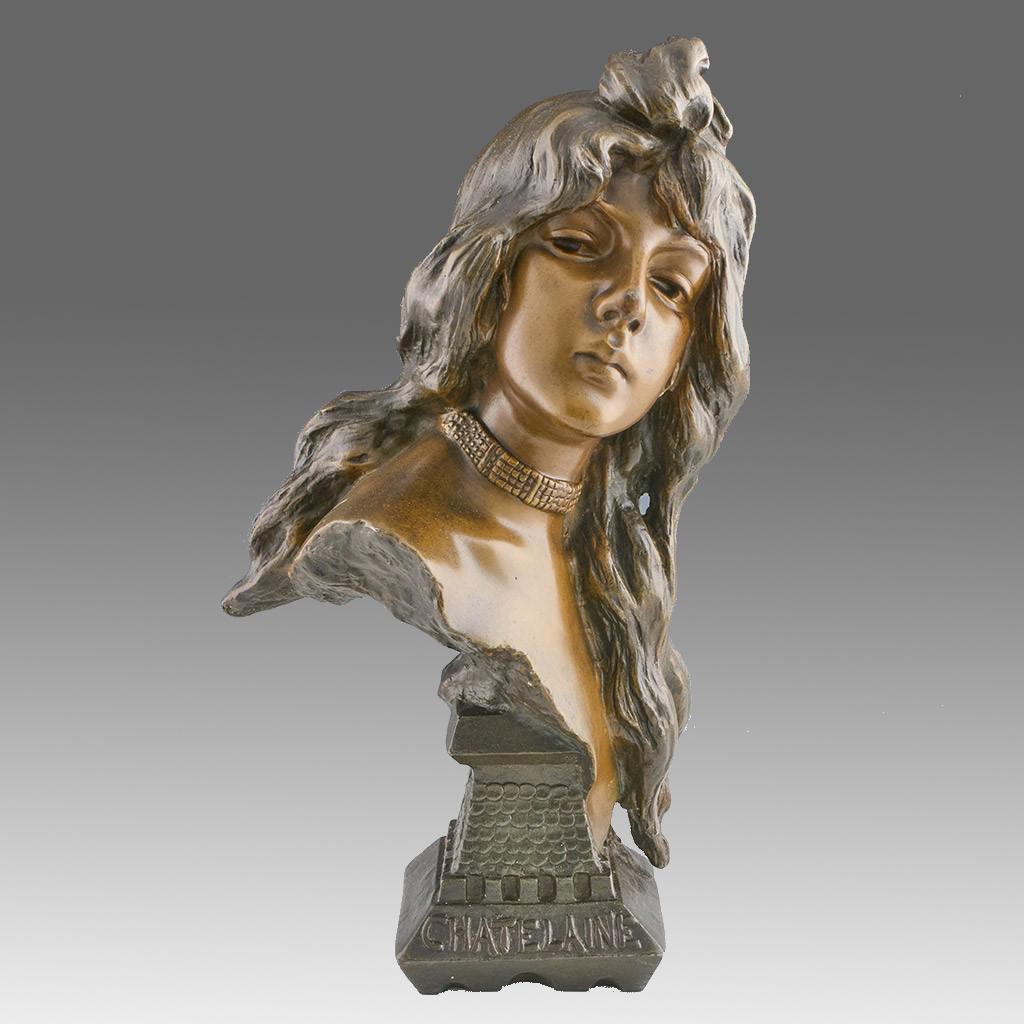 French Art Nouveau Bronzed Metal Bust Entitled  "Chatelaine” By E Villanis