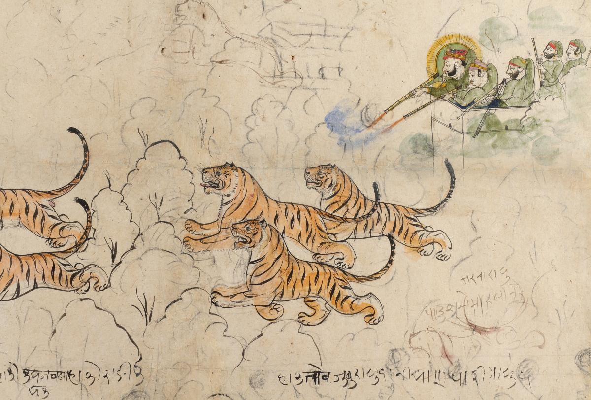 Watercolour of Maharao Ram Singh of Kota and His Sons Hunting with numerous Rajasthani inscriptions