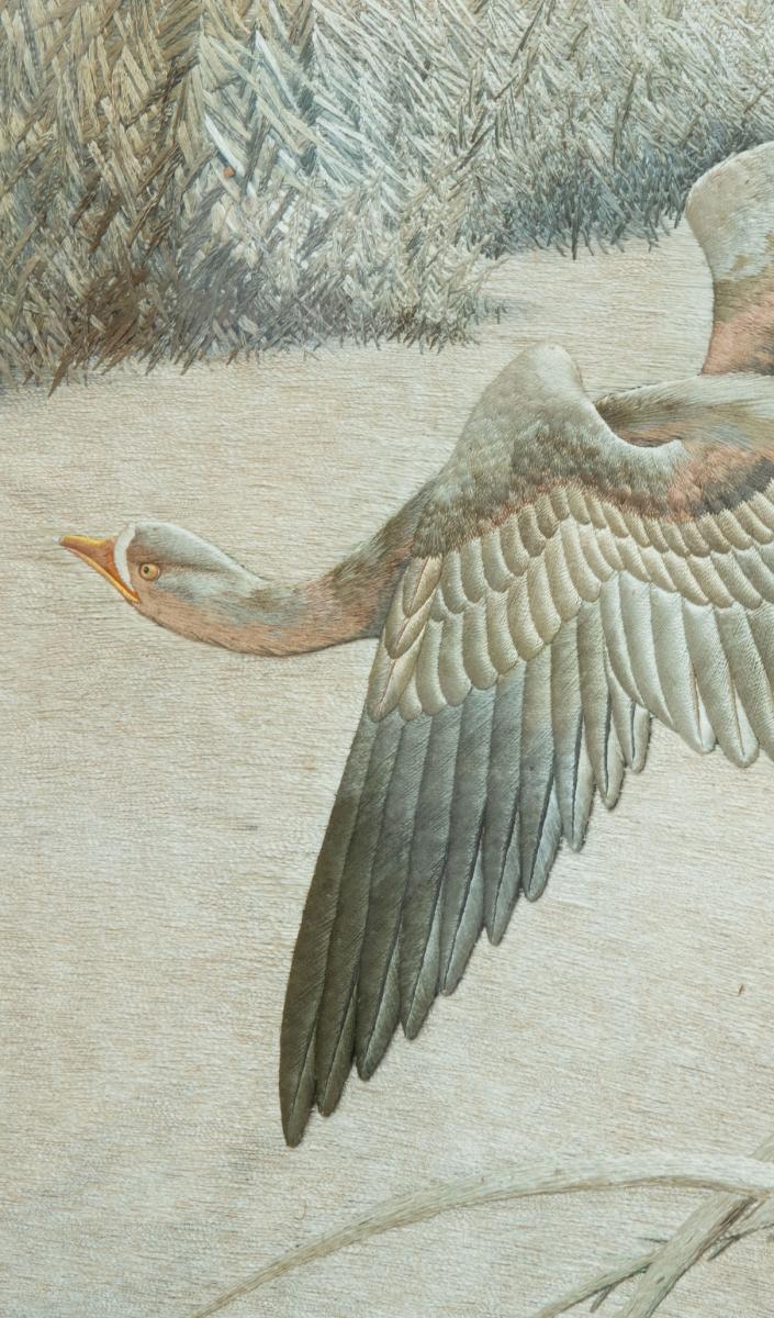 Huge Japanese Silk Textile Goose In Flight