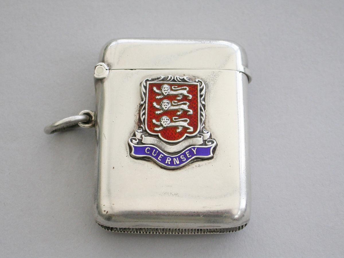 Edwardian Silver Vesta Case Enamelled Crest Of Guernsey