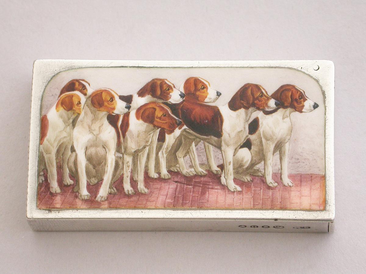 Victorian Silver & Enamel 'Beagles' Vesta Case