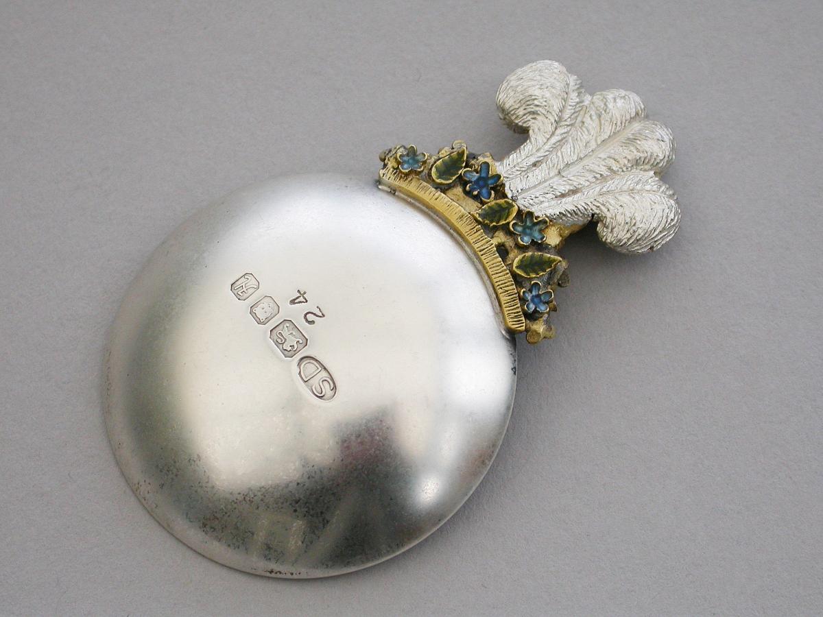 Contemporary Silver & Enamel Caddy Spoon - Prince of Wales Feathers Birth of Prince William