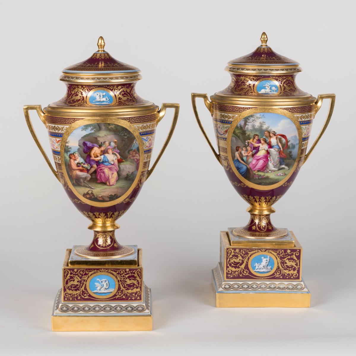 A Rare and Finely Decorated Pair of Porcelain Ice cream Pails on Stands