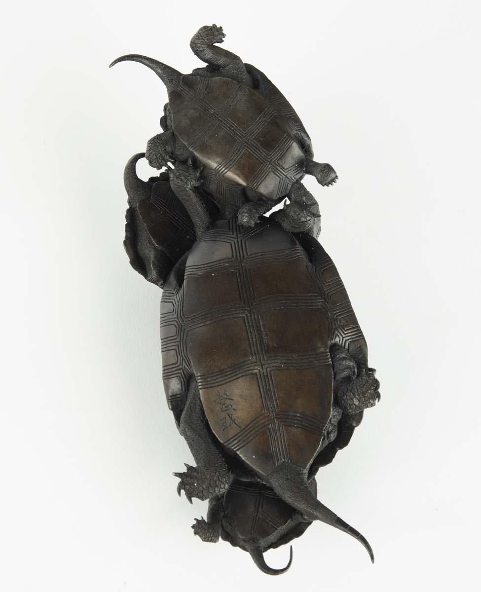 Charming Japanese Bronze Turtle Okimono by Seimin