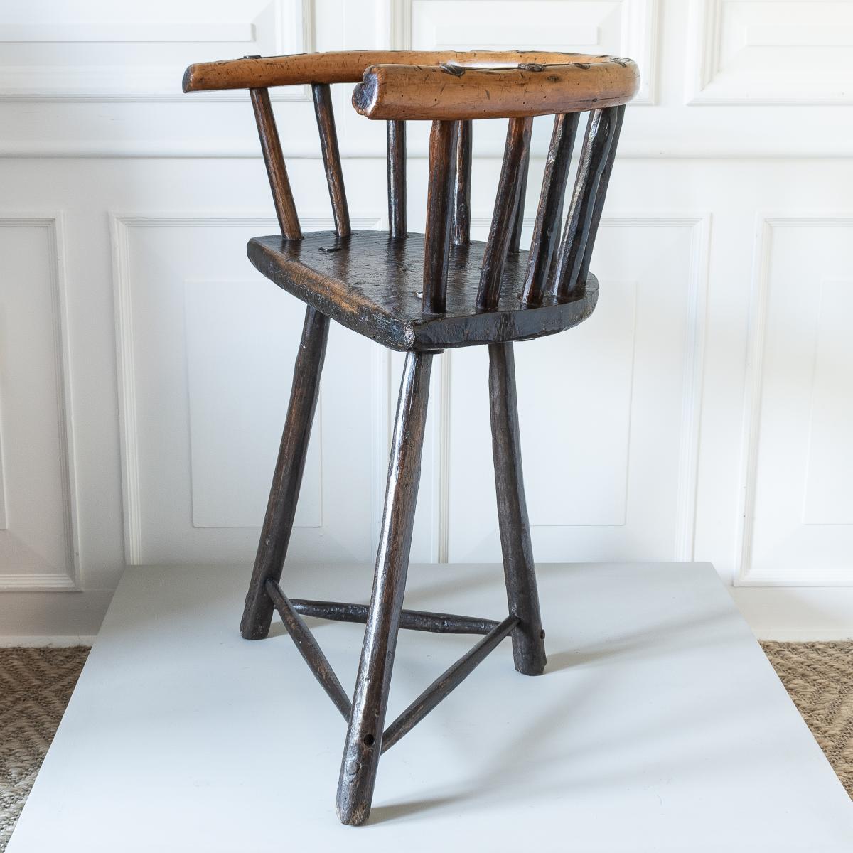 George III yew, sycamore and ash three-legged primitive chair