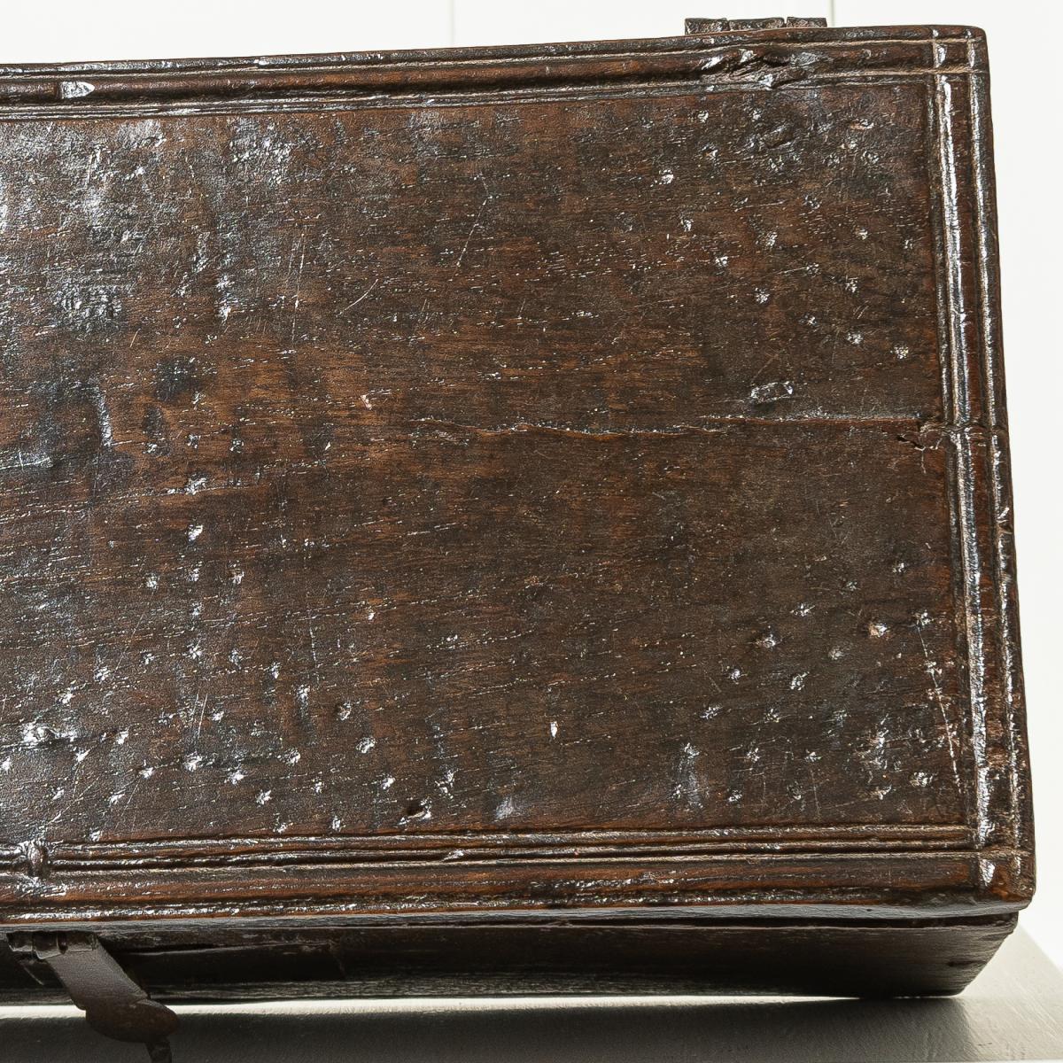 A particularly small Charles I oak boarded box, circa 1640