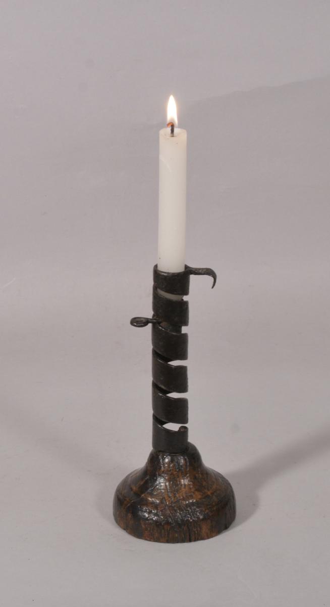 S/5783 Antique Treen 18th Century Spiral Metal Candlestick