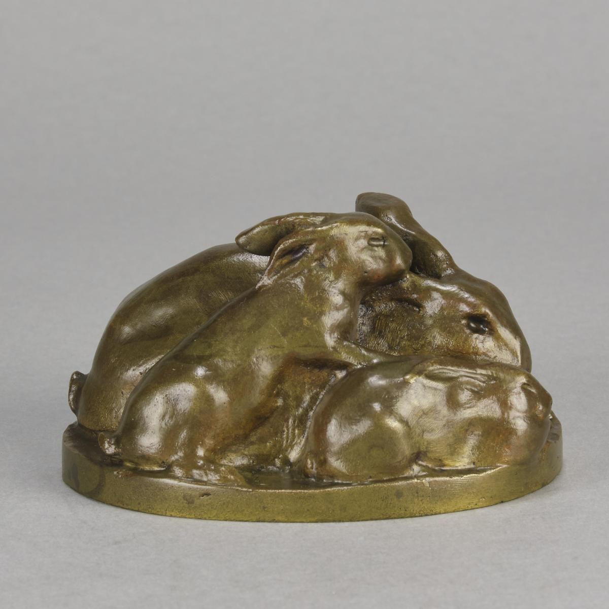 Early 20th Century Bronze "Mother and Three Young Rabbits" by Emilie Fiero