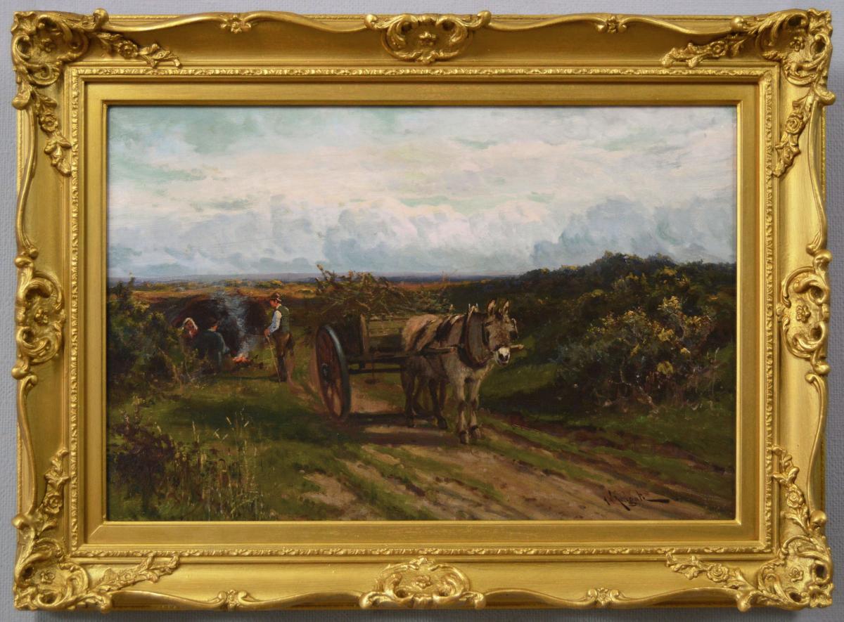 Landscape oil painting of figures with a donkey & cart by Arthur Walker Redgate