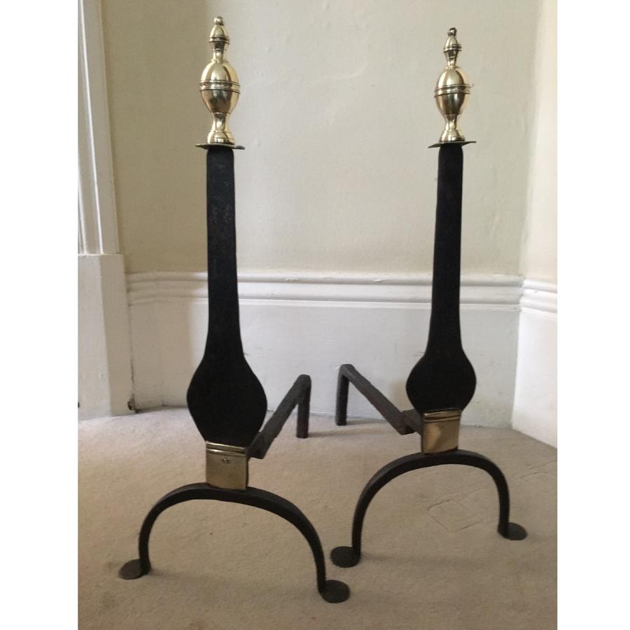 late 18th century American wrought iron and brass knife blade andirons