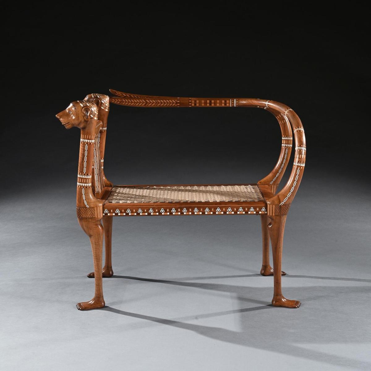 Exhibition Quality Egyptian Revival Walnut and Inlaid Bench or Window Seat