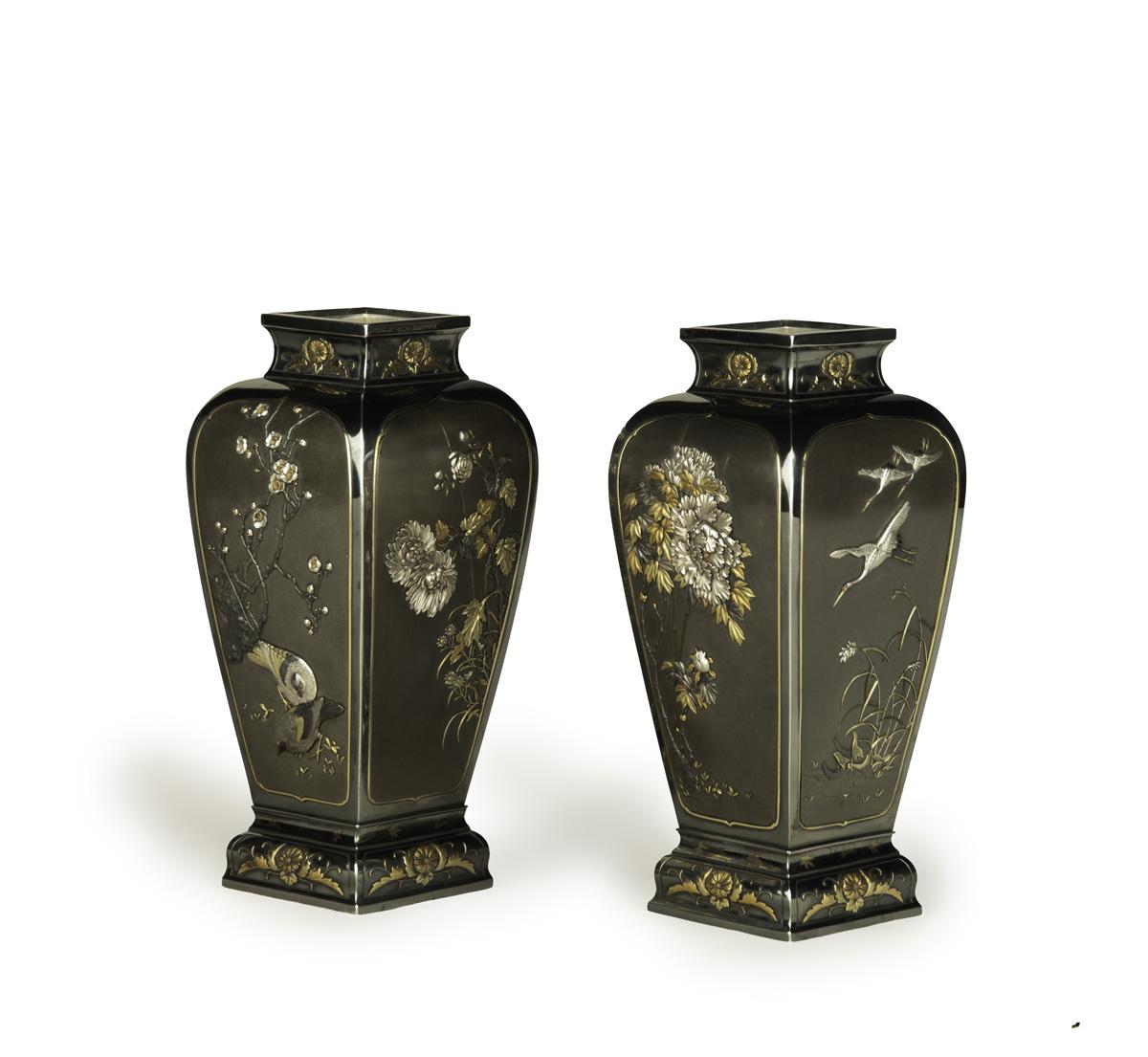 Exceptional Japanese Silver and Mixed Metal Vases