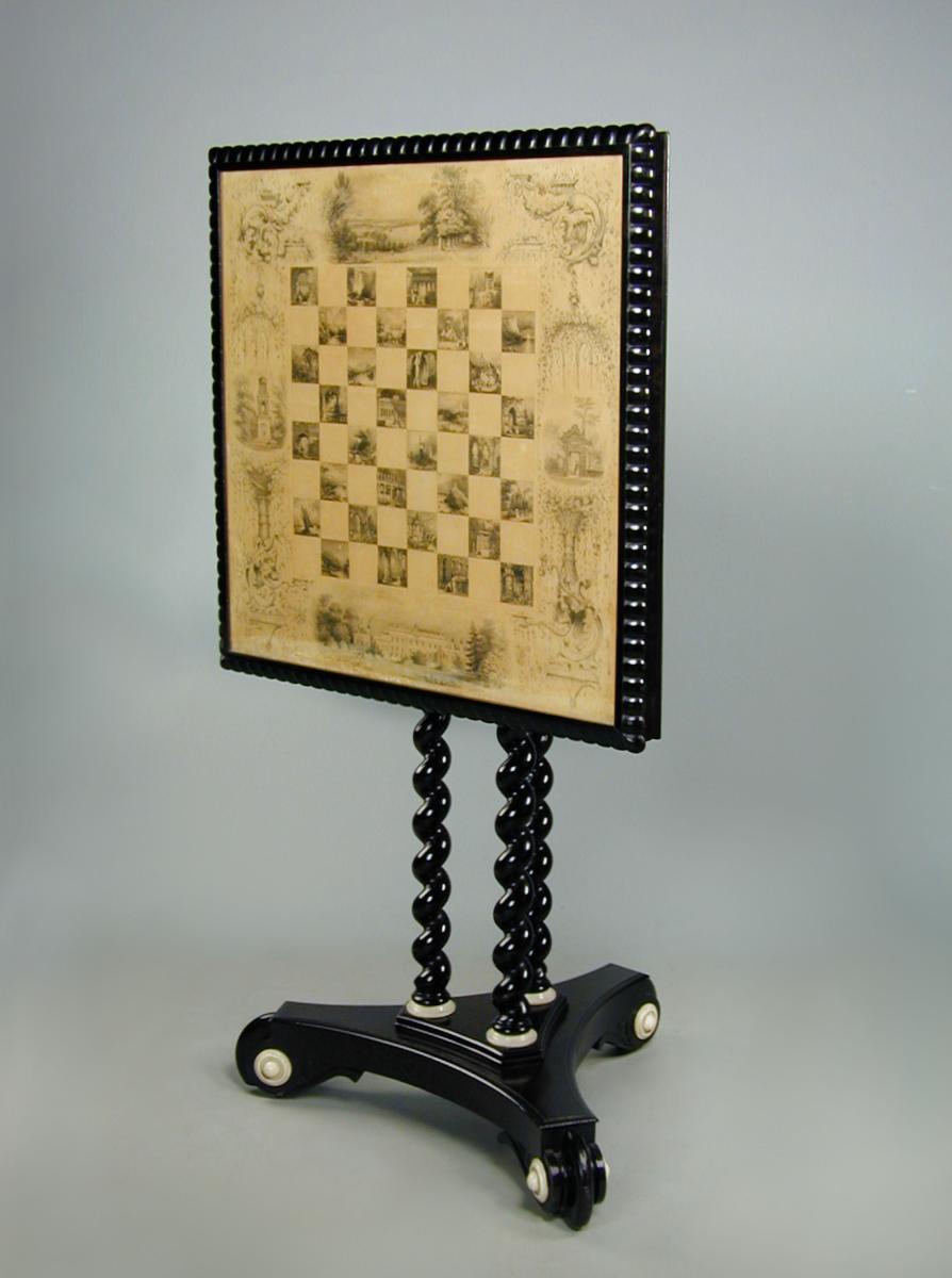 Unusual mid-nineteenth century ebony, ebonised and bone mounted chess table