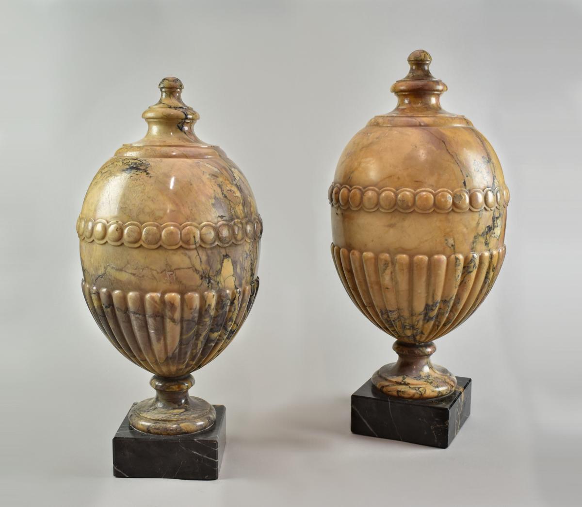 Large pair of carved sienna marble Urns