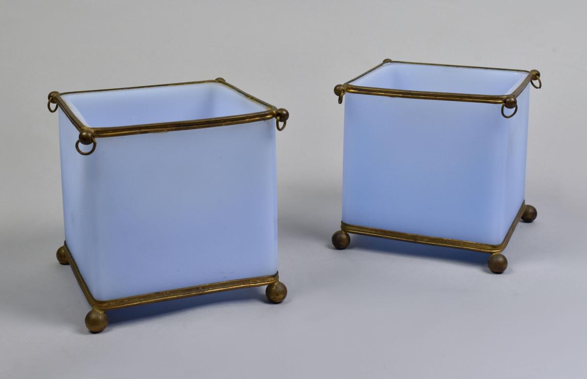 Pair powder blue Opaline glass cache pots