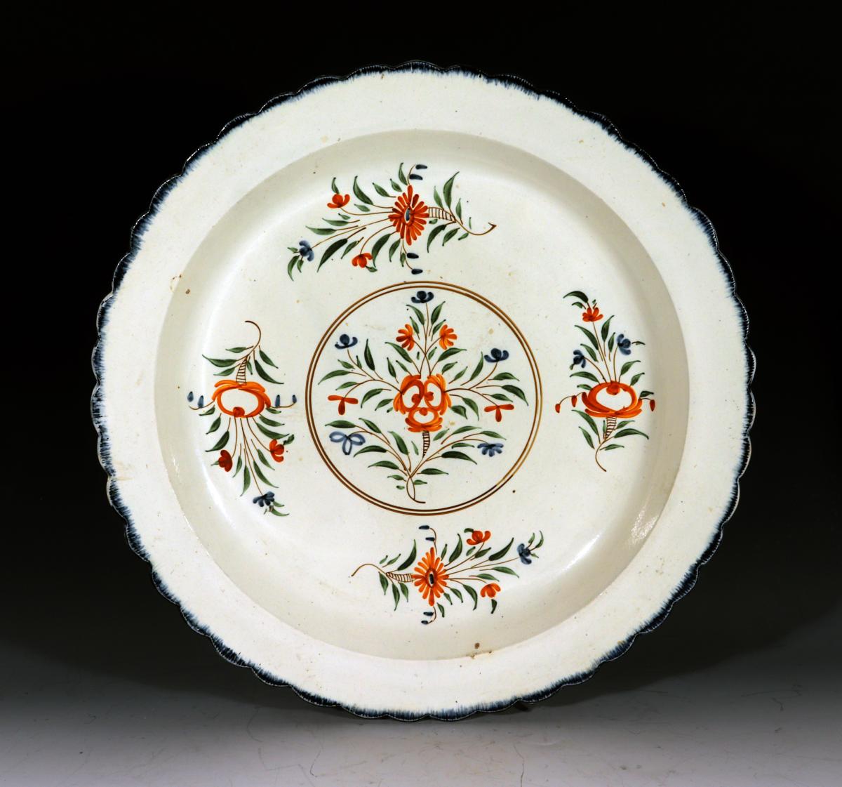 English Creamware Dish with Polychrome Botanical Decoration