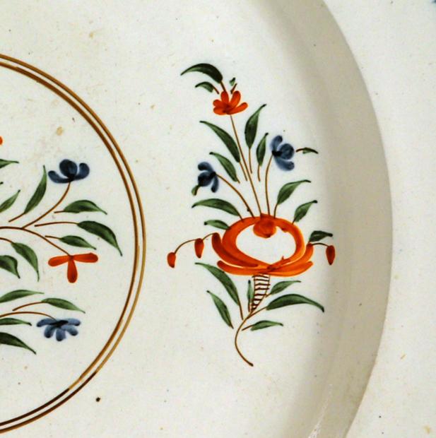 English Creamware Dish with Polychrome Botanical Decoration