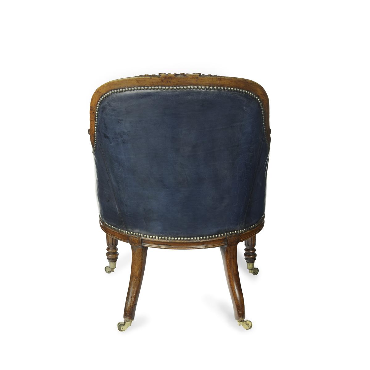 Victorian blue leather oak library chair