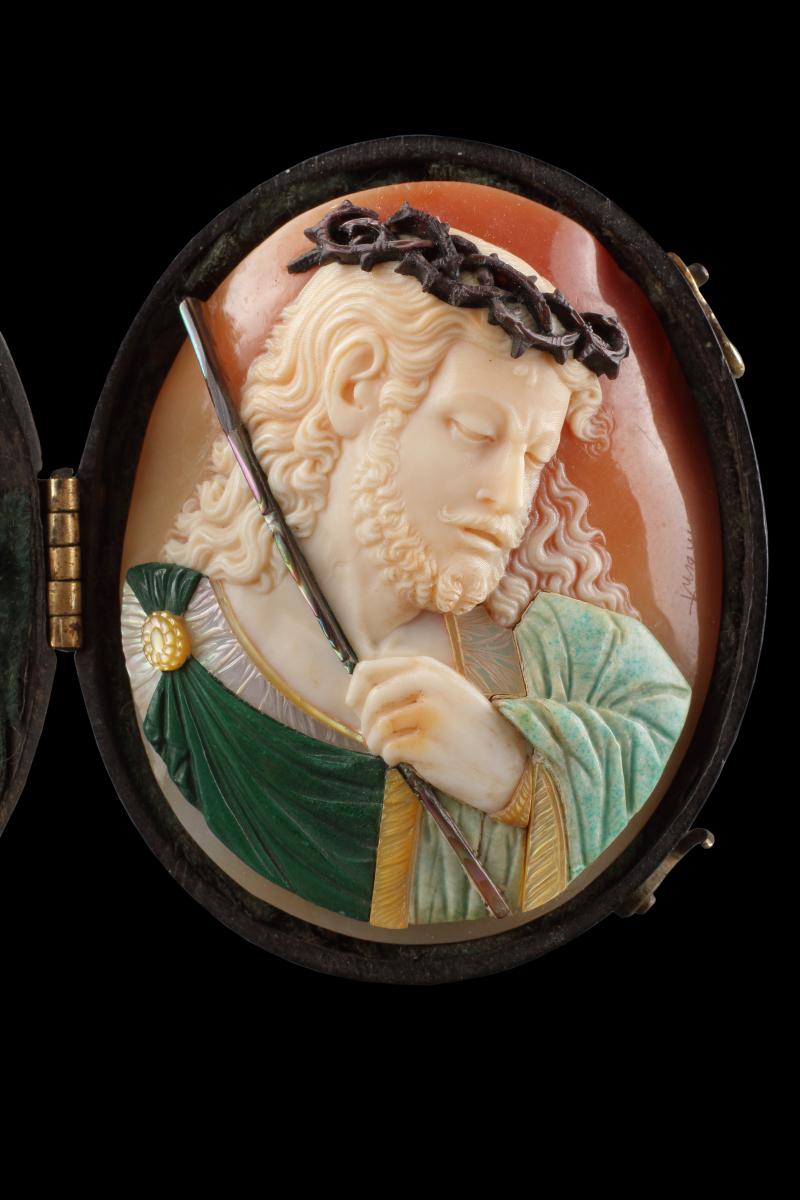 Carved Polychromed Oval Comesso Cameo of Christ