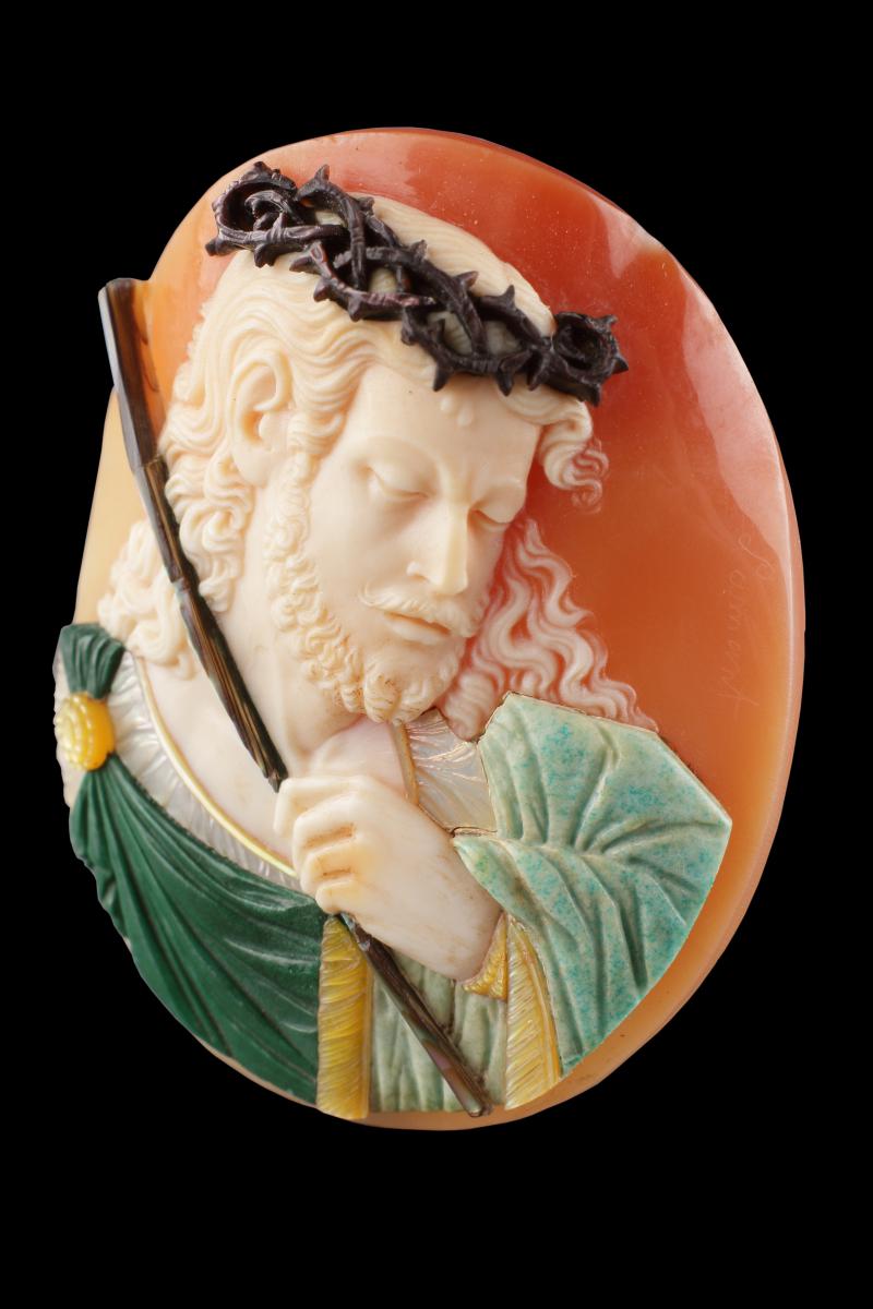 Carved Polychromed Oval Comesso Cameo of Christ