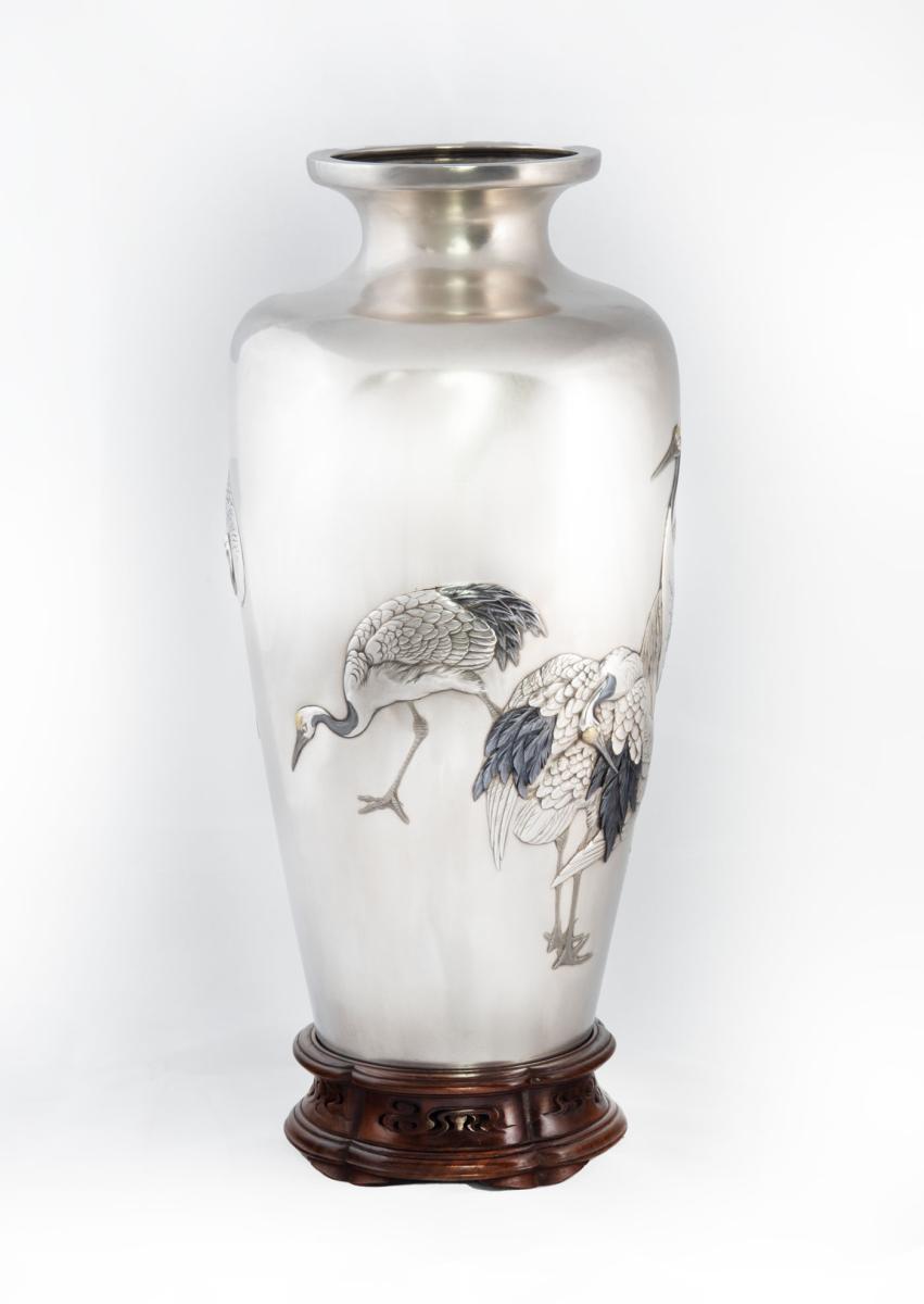 Large Japanese Silver and Mixed Metal Vase