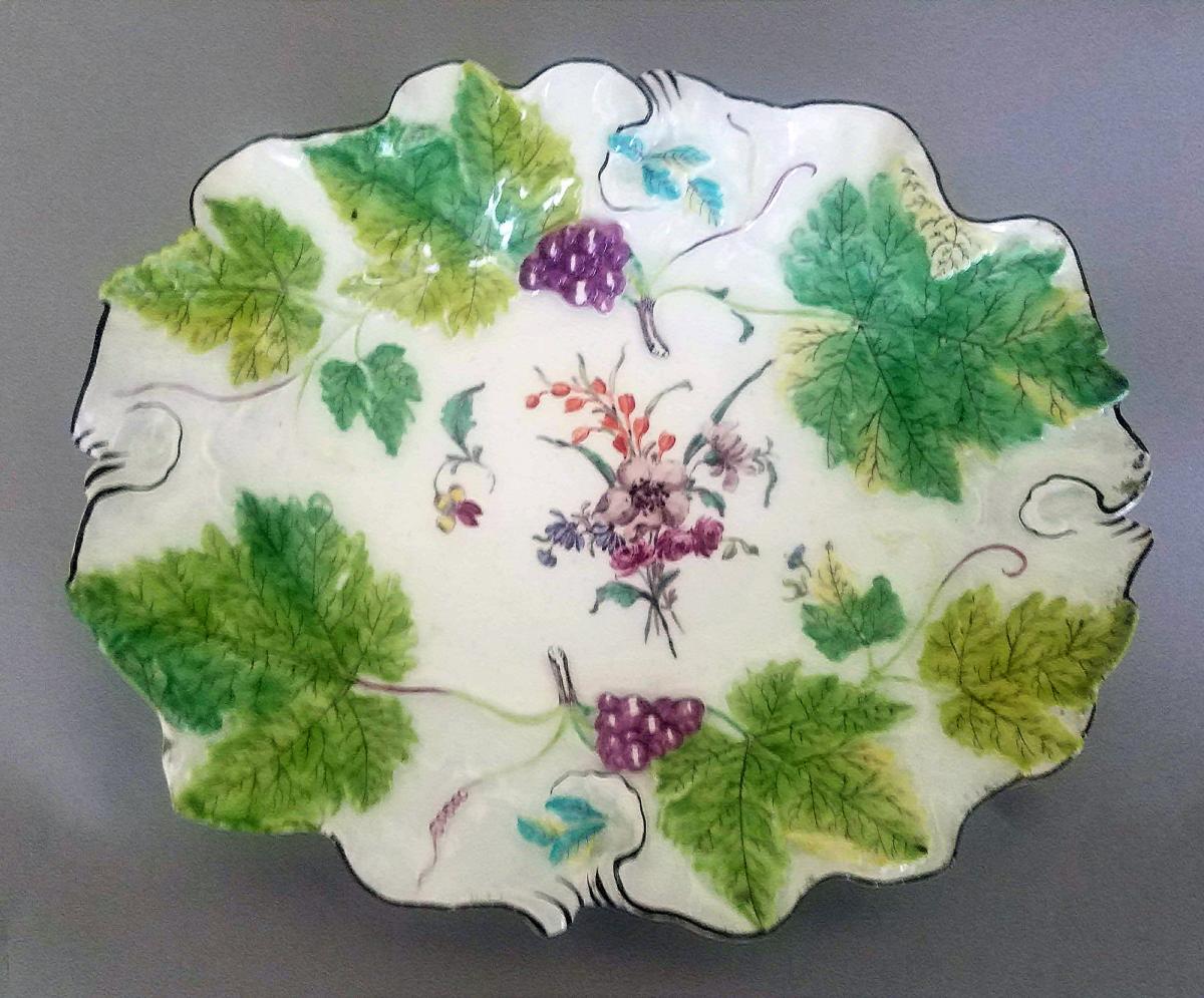 Chelsea Porcelain Red Anchor Period Vine-leaf Botanical Dishes.  Chelsea Factory.  Circa 1755-58 Porcelain.
