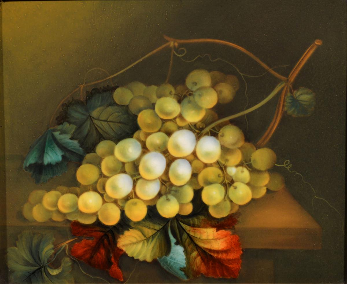 English Porcelain Still Life Plaque depicting Green Grapes on a Tabletop, In the manner of Thomas Steel, Circa 1830-40