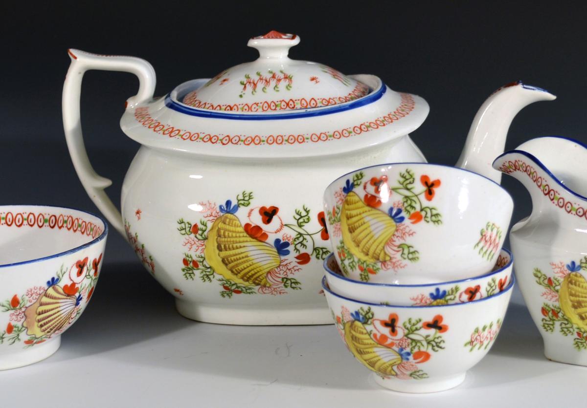 New Hall Porcelain Pattern 1045 Part Tea Service with Sea Shell and Seaweed Painting.  1813-17.
