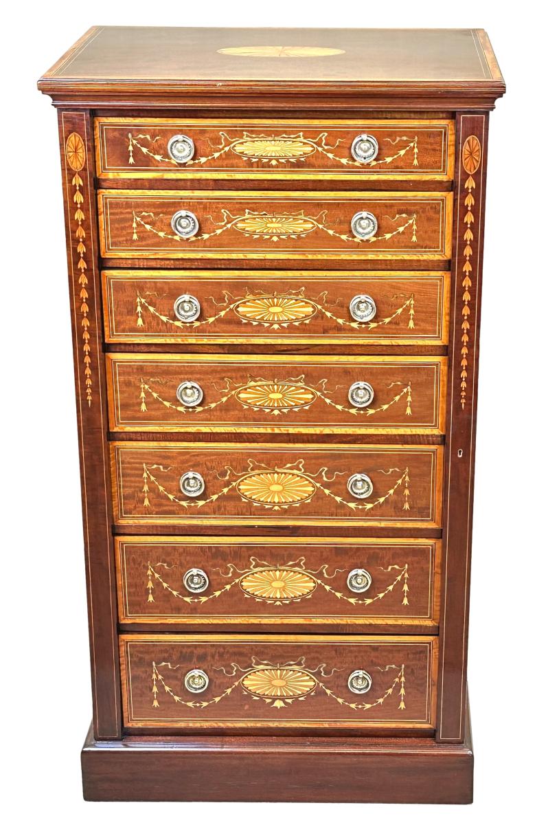 19th Century Mahogany & Satinwood Wellington Chest Of Drawers