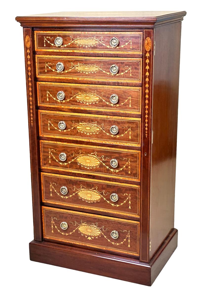 19th Century Mahogany & Satinwood Wellington Chest Of Drawers