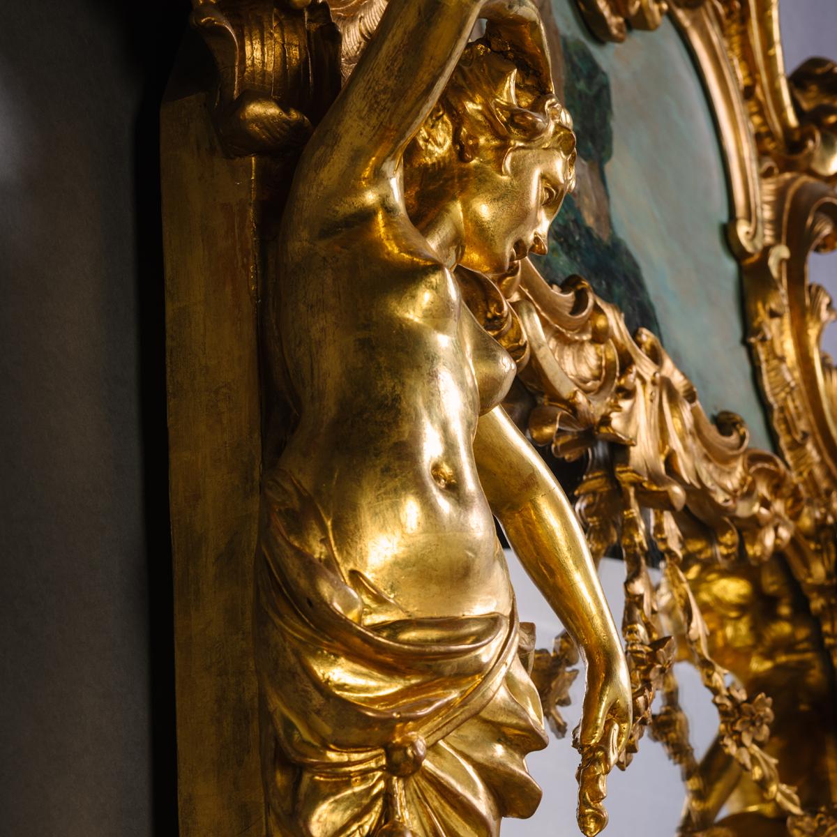 Tall Giltwood Trumeau Mirror With Figural Uprights