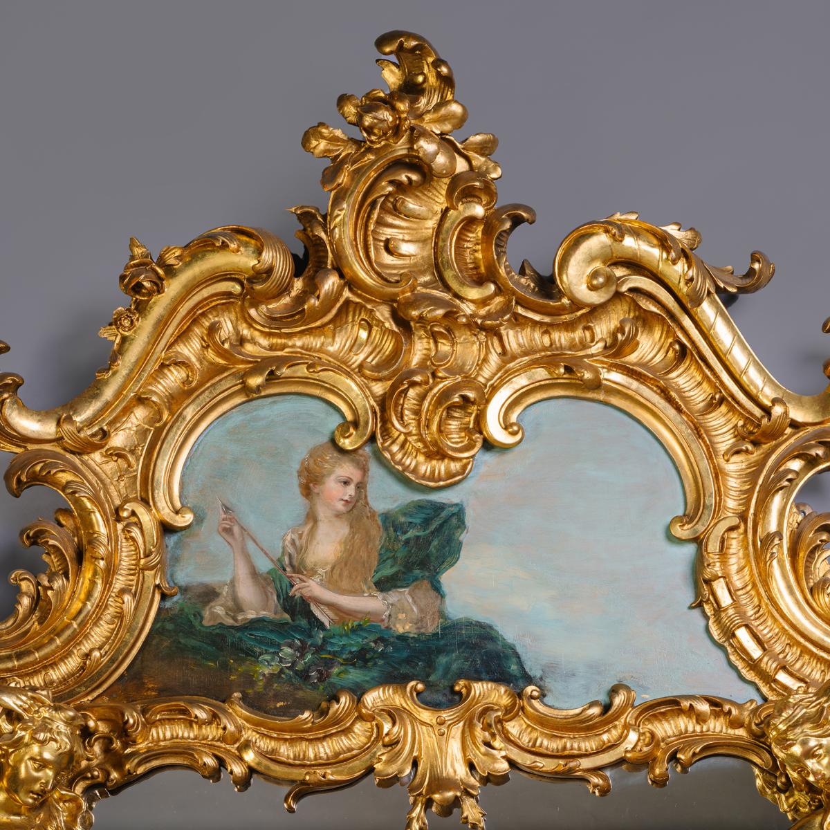 Tall Giltwood Trumeau Mirror With Figural Uprights