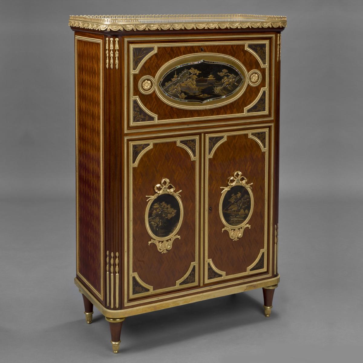 Louis XVI Style Parquetry, Gilt-Bronze and Lacquer Mounted Petit Secretaire Cabinet, Attributed to Maison Beurdeley