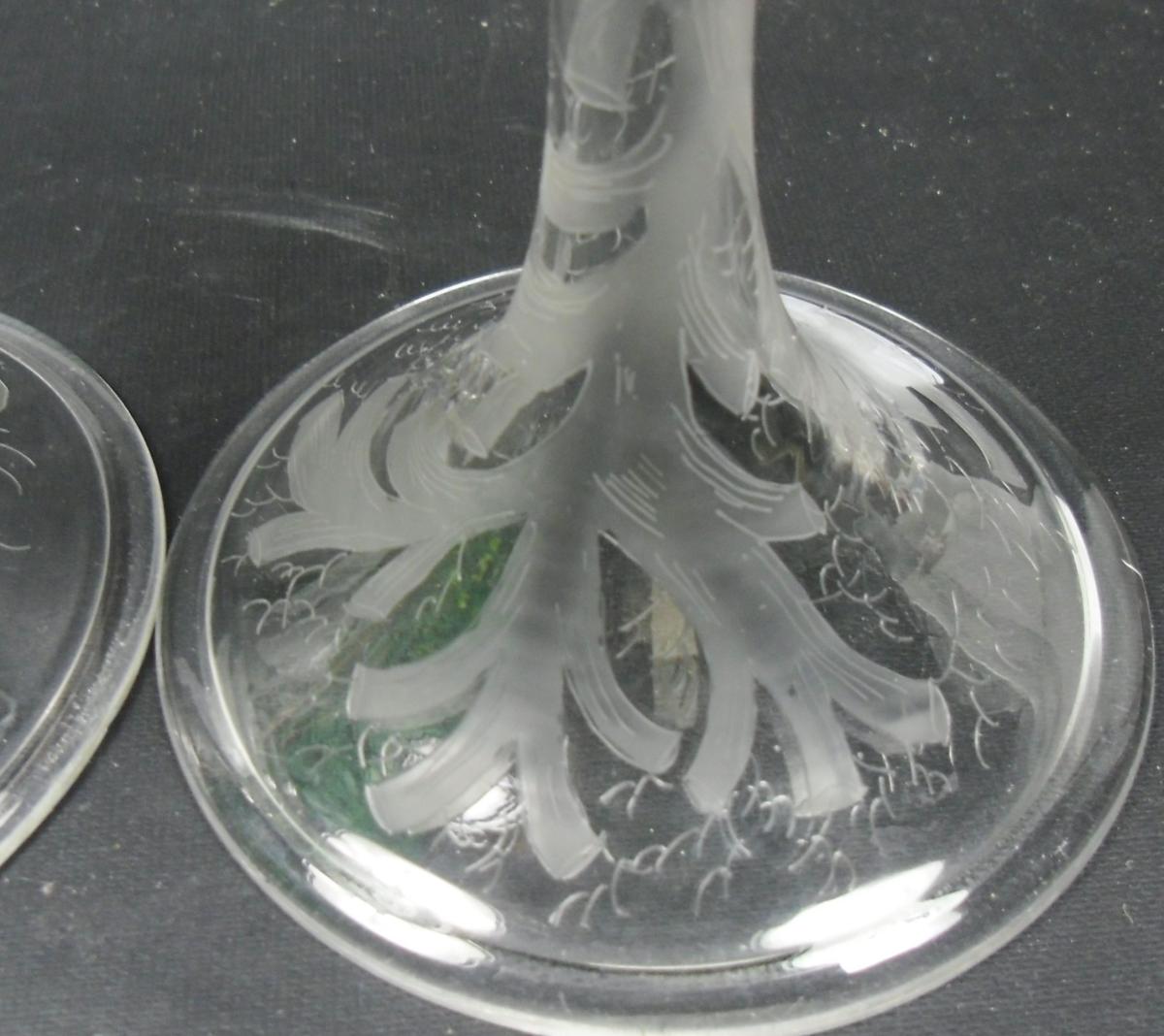 Pair of crystal French Ale glasses etched with aquatic scenes, circa 1870