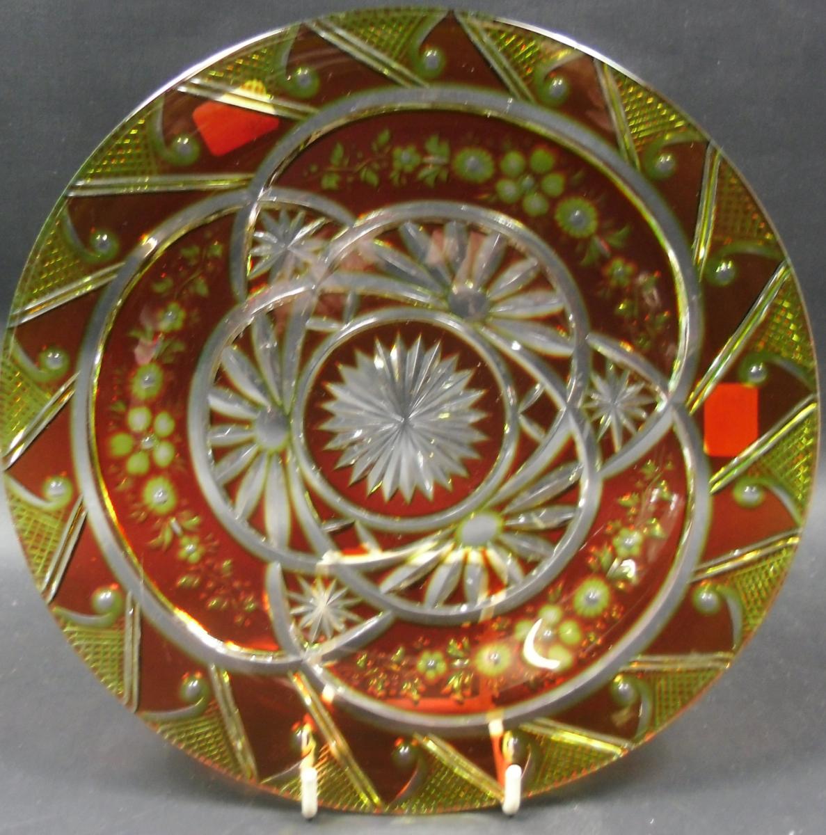 Three layer crystal yellow red glass plate Stevens & Williams, circa 1890