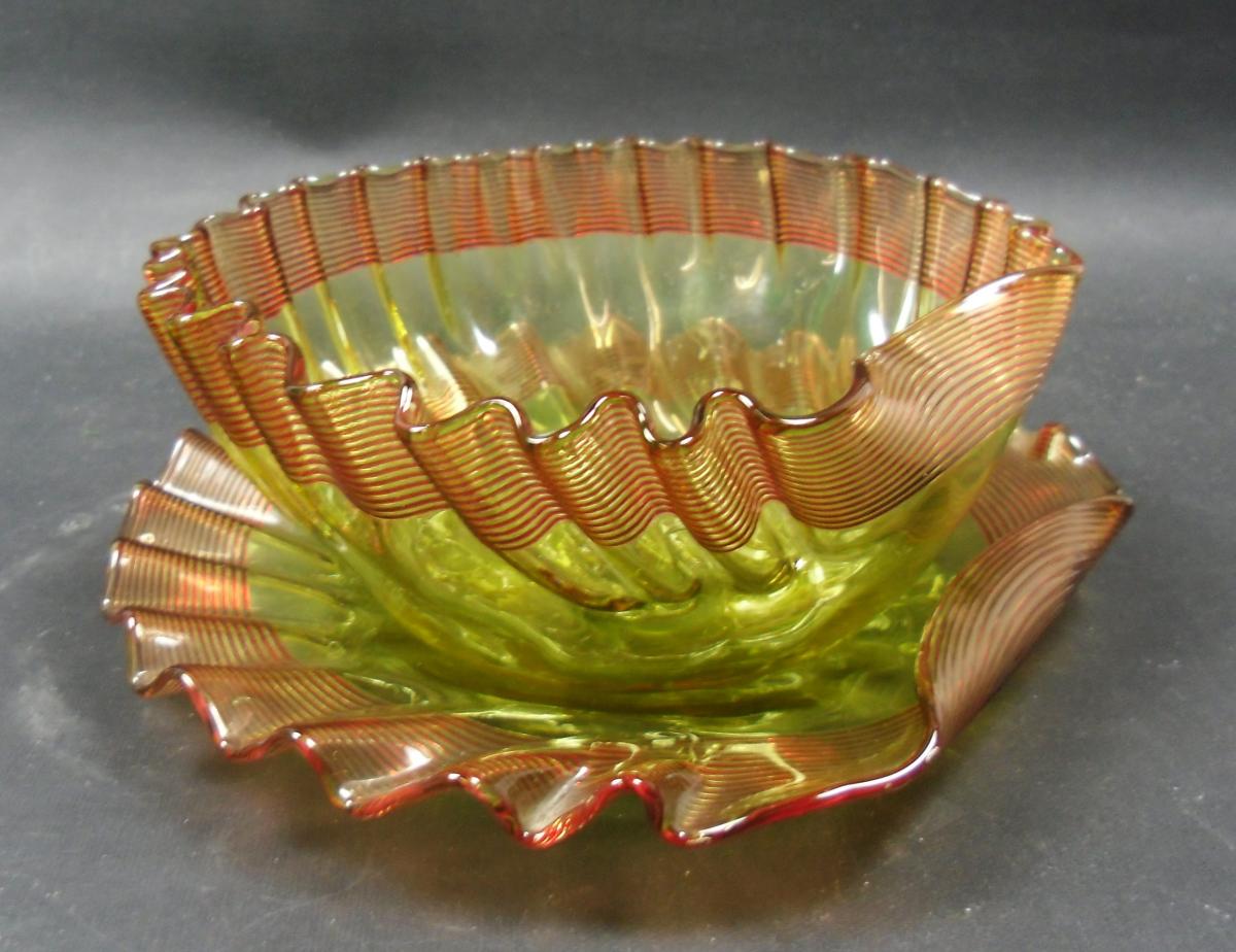 Yellow and red glass finger bowl and plate, Stevens & Williams, English circa 1890