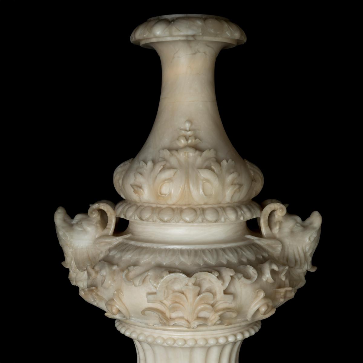 Alabaster Renaissance Revival Ornamental Vases on Pedestals