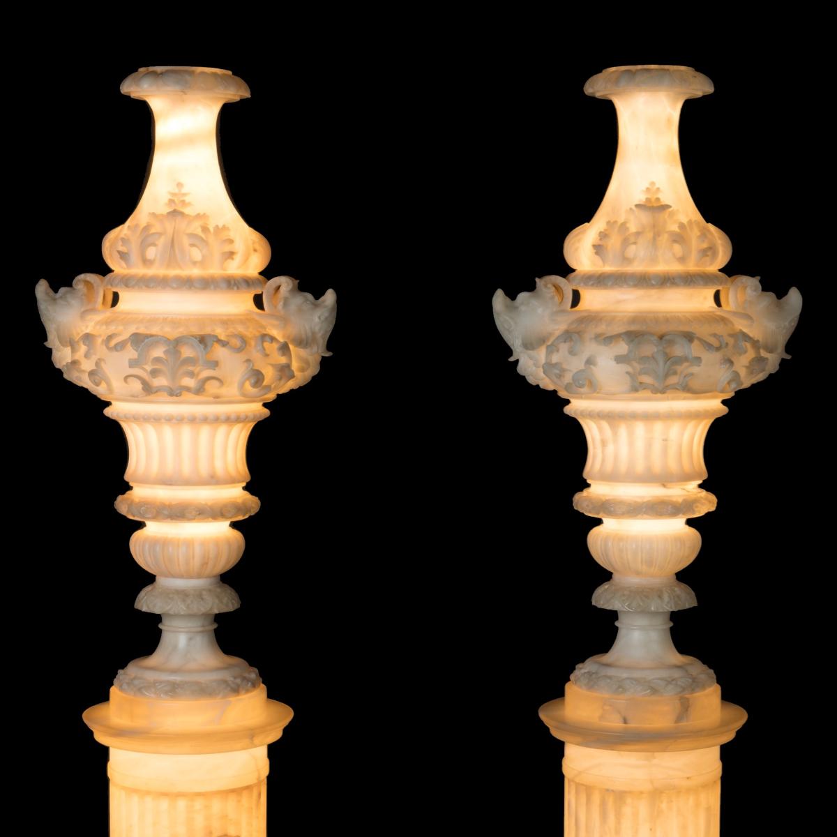 Alabaster Renaissance Revival Ornamental Vases on Pedestals