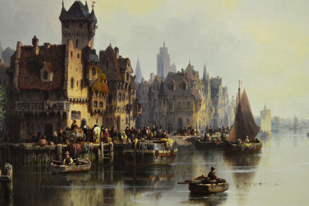 Continental townscape oil painting of a quayside on a river by Ludwig Hermann