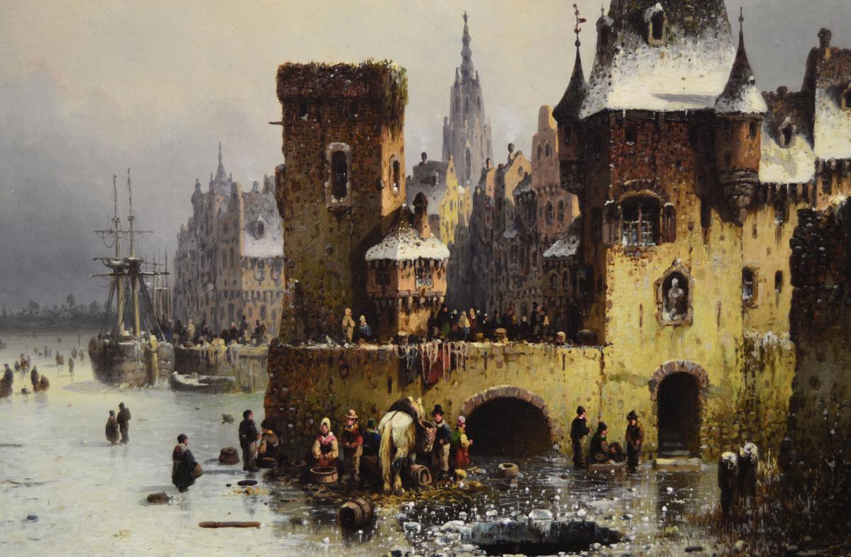 Winter townscape oil painting of a quay on a frozen river by Ludwig Hermann