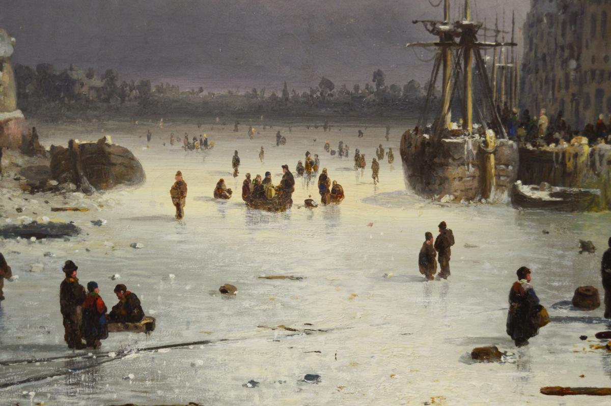 Winter townscape oil painting of a quay on a frozen river by Ludwig Hermann