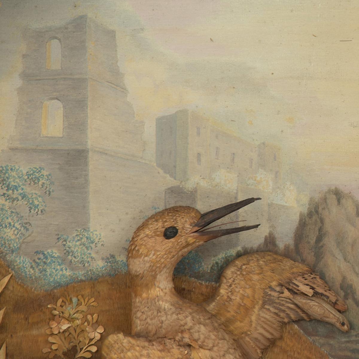 exceptional straw work diorama of an owl and kingfisher, almost certainly by “Miss Gregg(e)” and part of the collection in the Leverian Museum