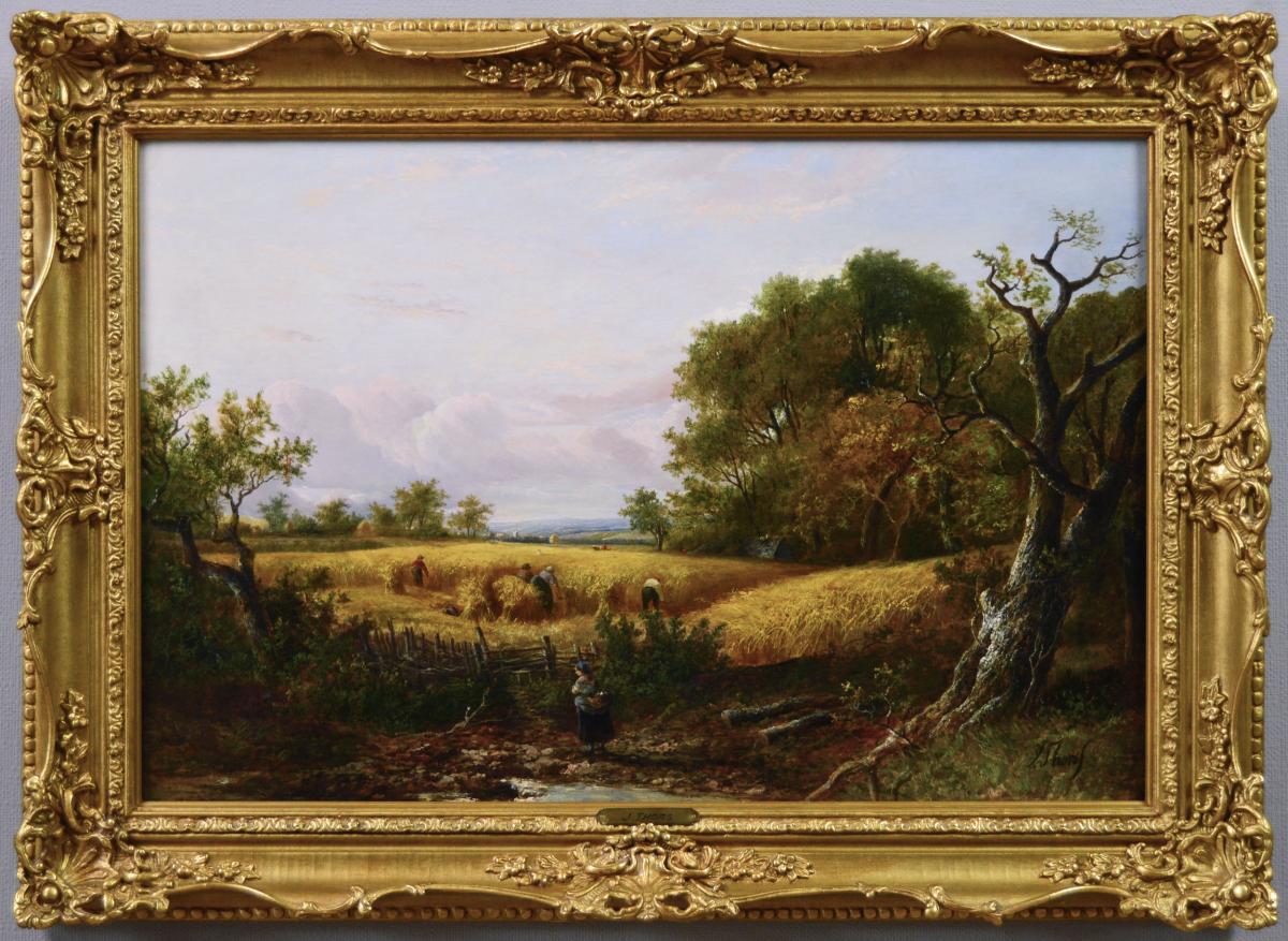 Landscape oil painting of figures harvesting by Joseph Thors